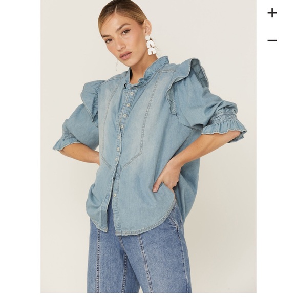 Free People, We The Free Denim Shirt, Louise Denim Top, Large - Picture 2 of 11